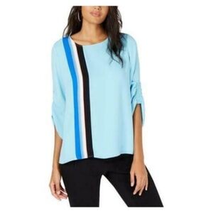 Alfani 3/4 Scrunched Sleeve Blouse Blue Tulip Ruched Sleeve